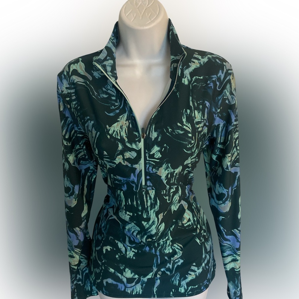 calla  Green and Blue Patterned Top -M green blue , polyester spandex